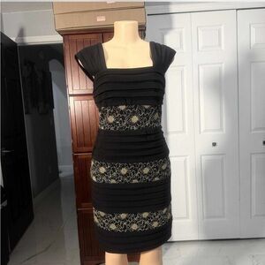 R & M Richards Black and Gold Lace Midi Dress